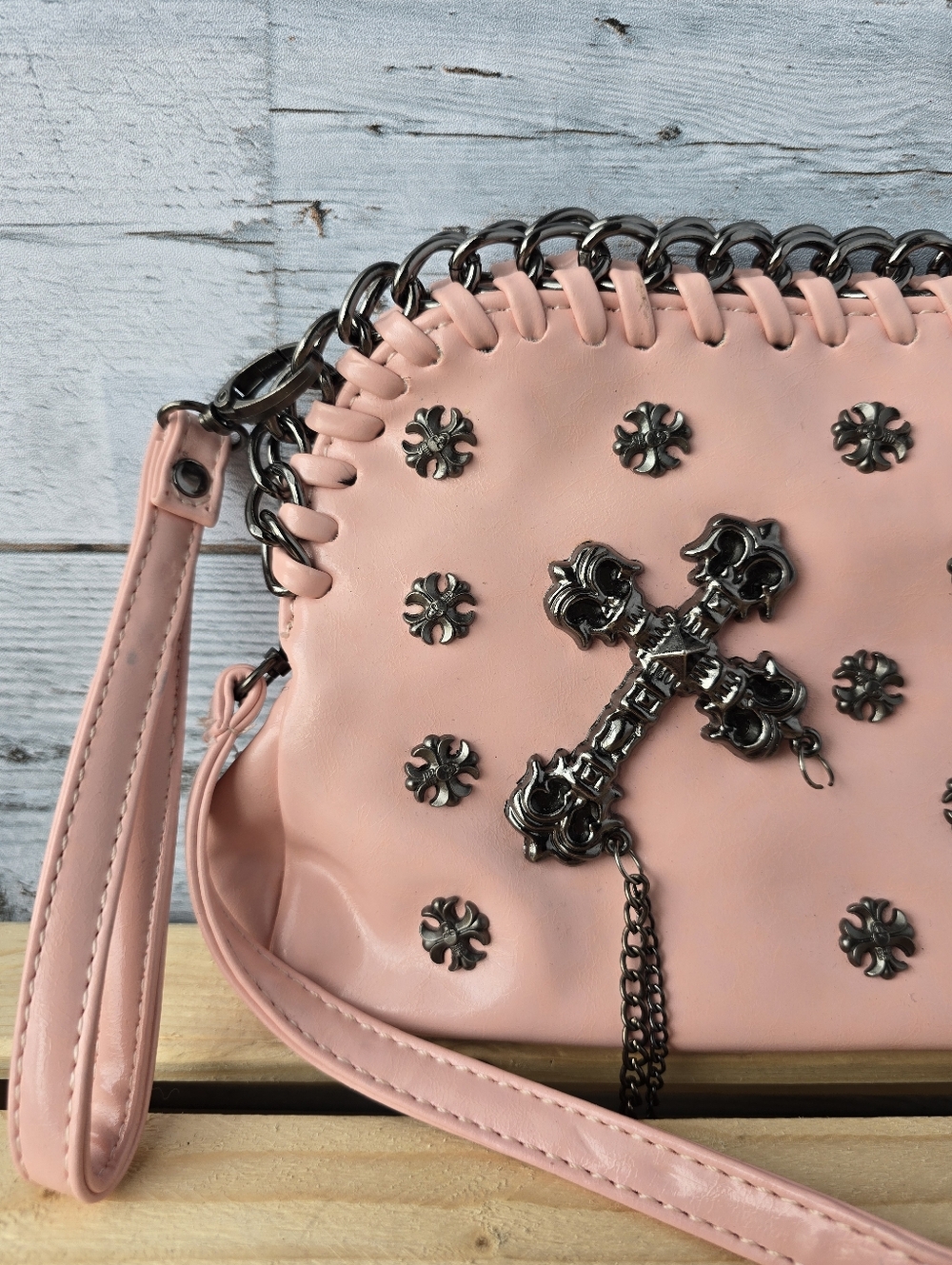 Gothic Pink Vegan Cross Body Bag Chain Clutch Purse - Picture 3 of 13
